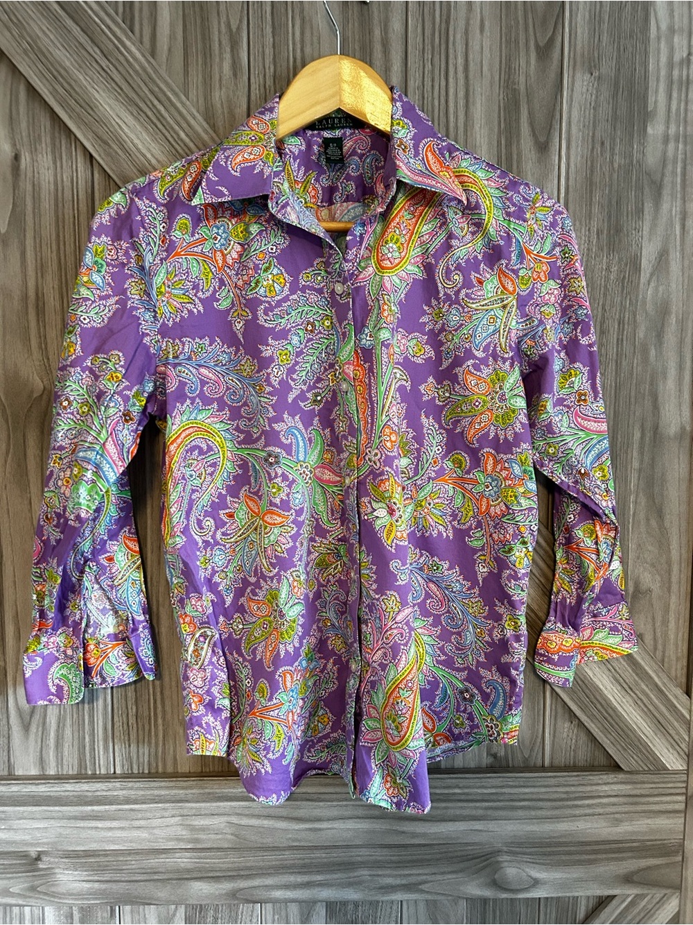 Lauren Ralph Lauren Purple Paisley Button Up Shirt Women's Size Small 19" P2P